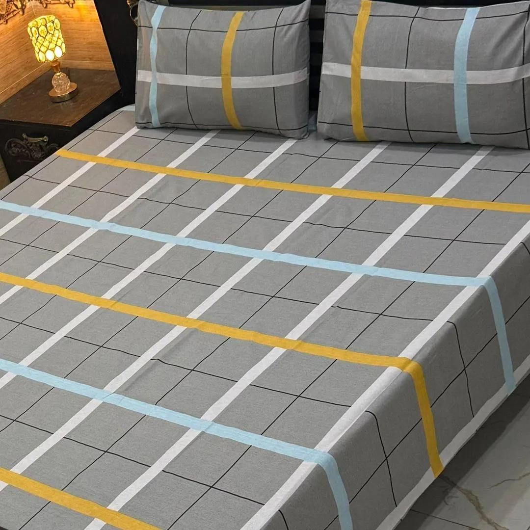 3 Pcs Cotton Printed Double Bedsheet