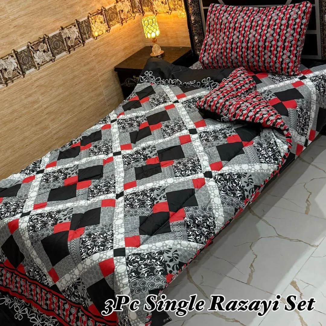 3 Pcs Cotton Printed Razai Set