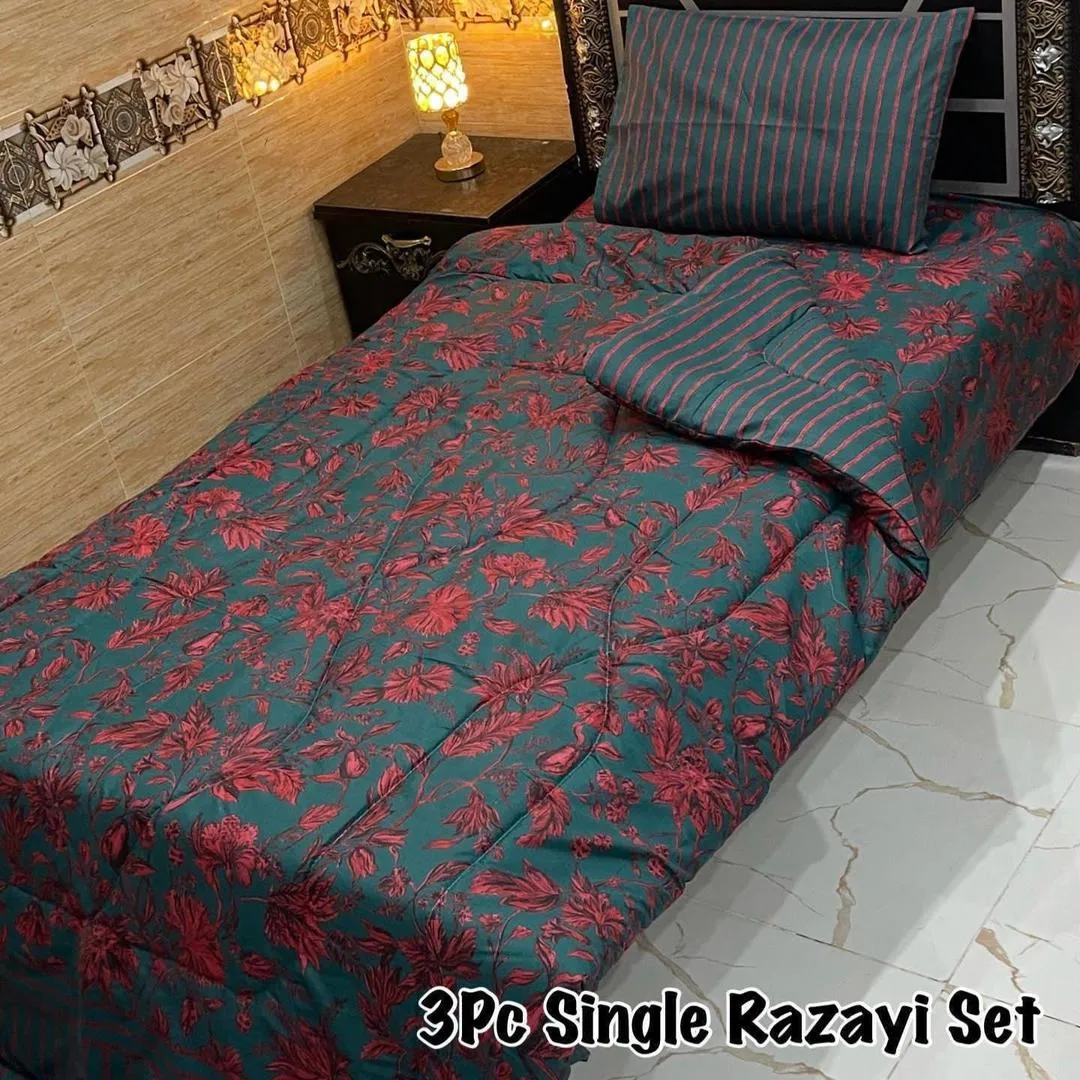 3 Pcs Cotton Printed Razai Set