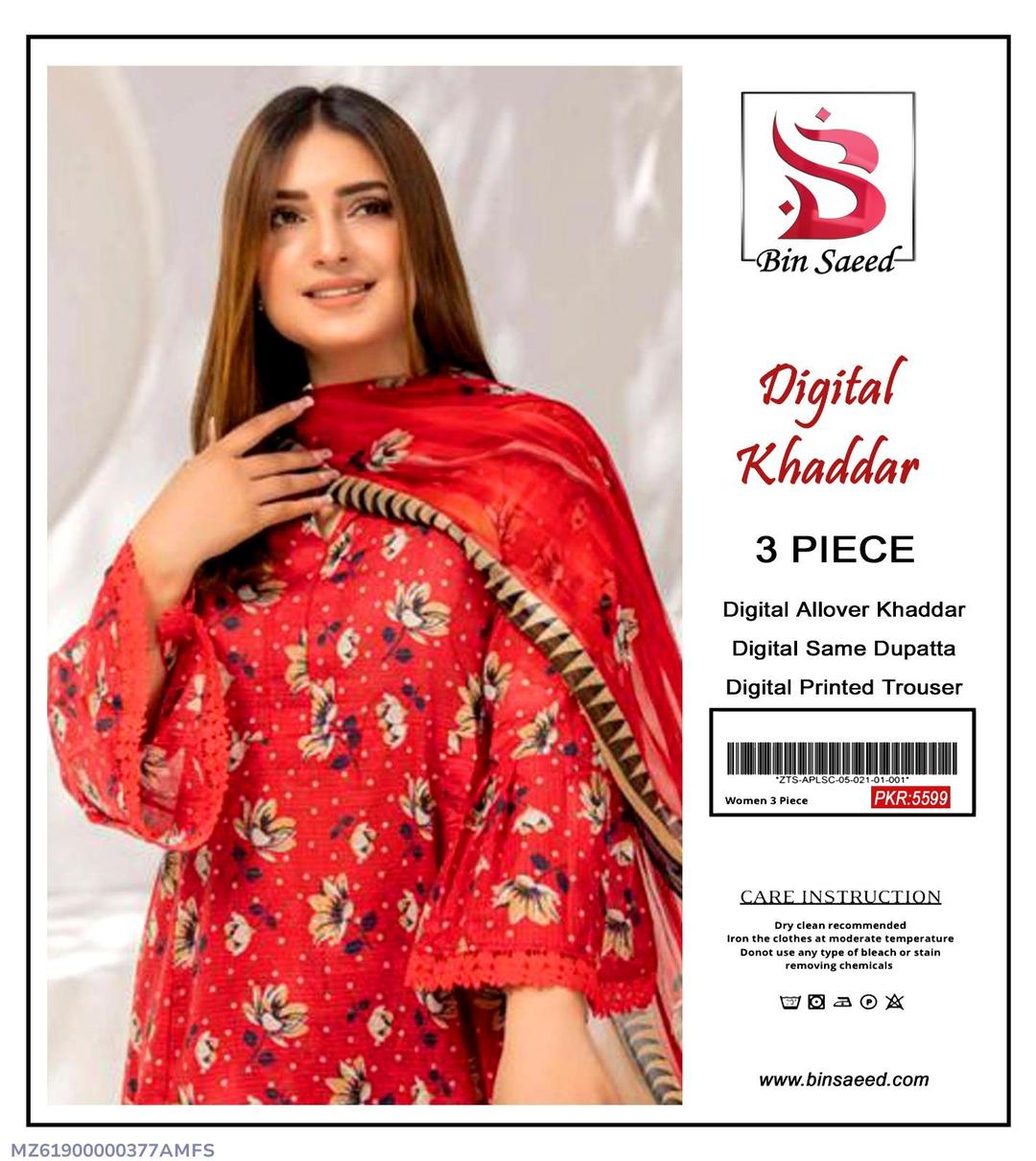 3 Pcs Women's Unstitched Khaddar Digital Print Suit