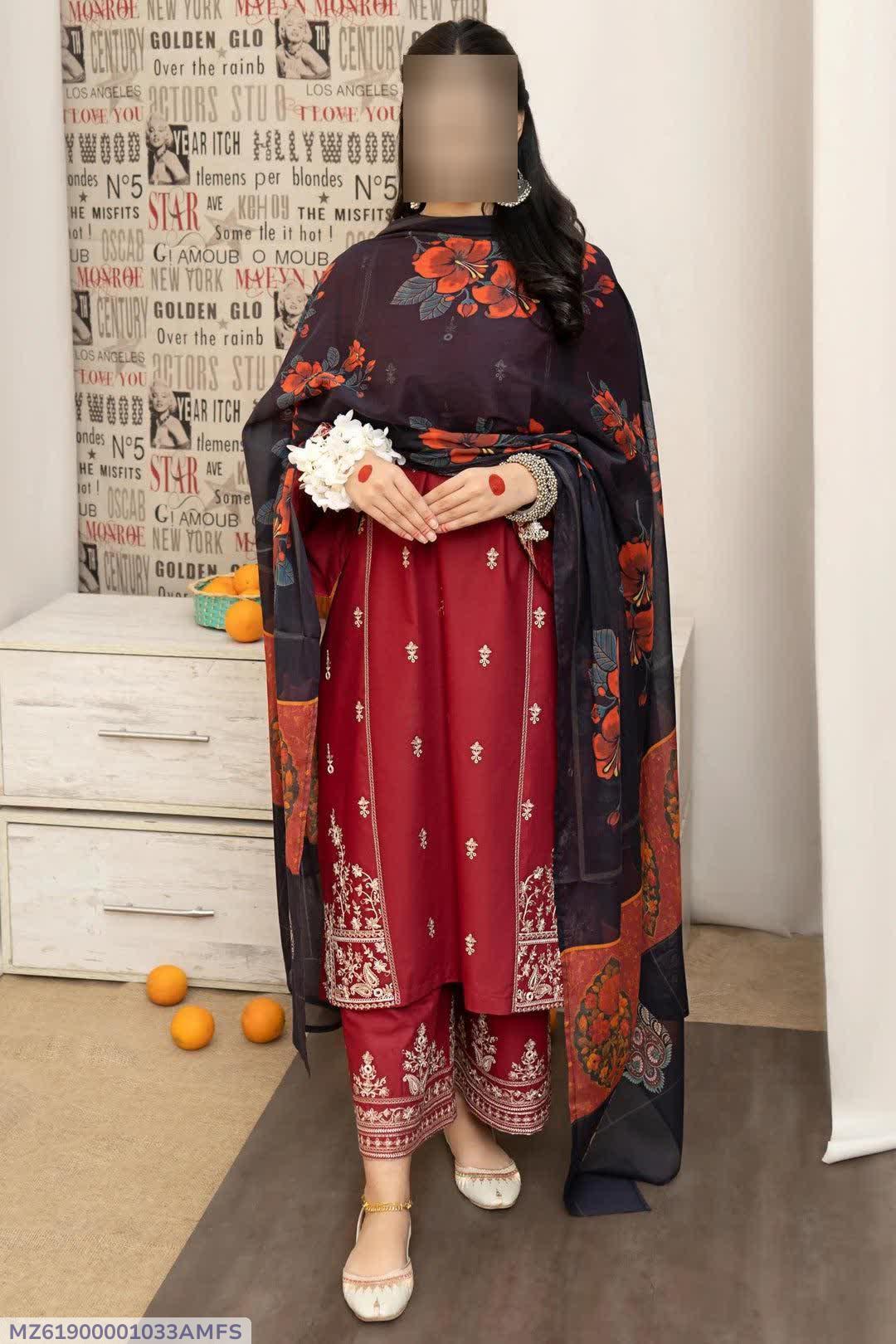 3 Pcs Women's Unstitched Embroidered Suit