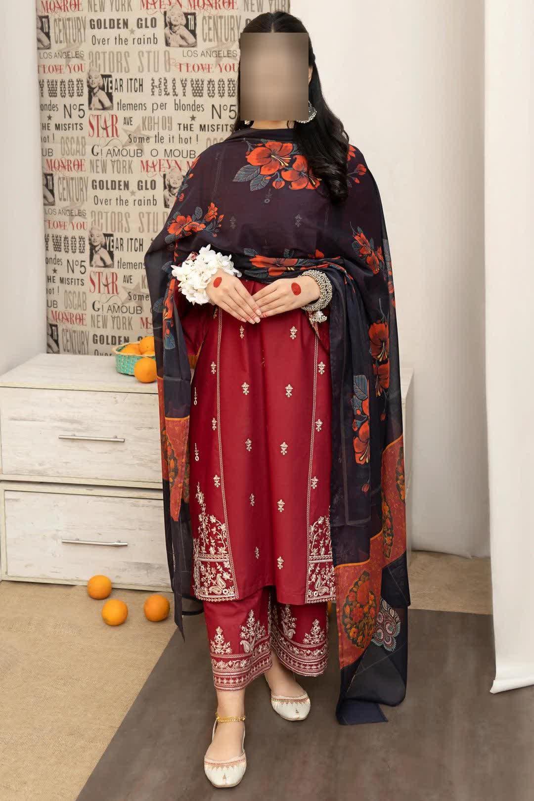 3 Pcs Women's Unstitched Embroidered Suit