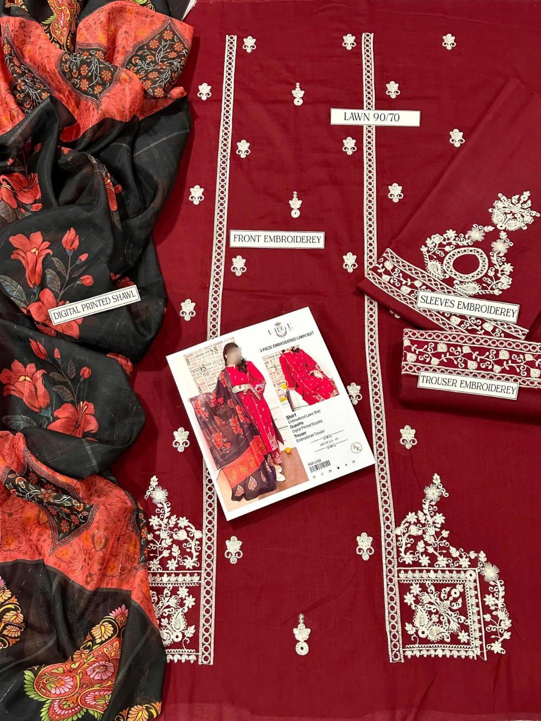 3 Pcs Women's Unstitched Embroidered Suit