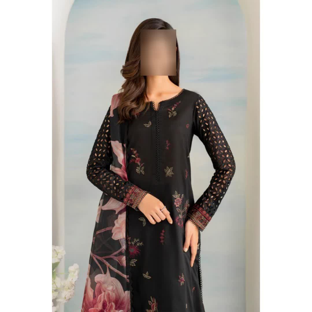 Black Chikankari Lawn 3Pcs Suit with Floral Dupatta