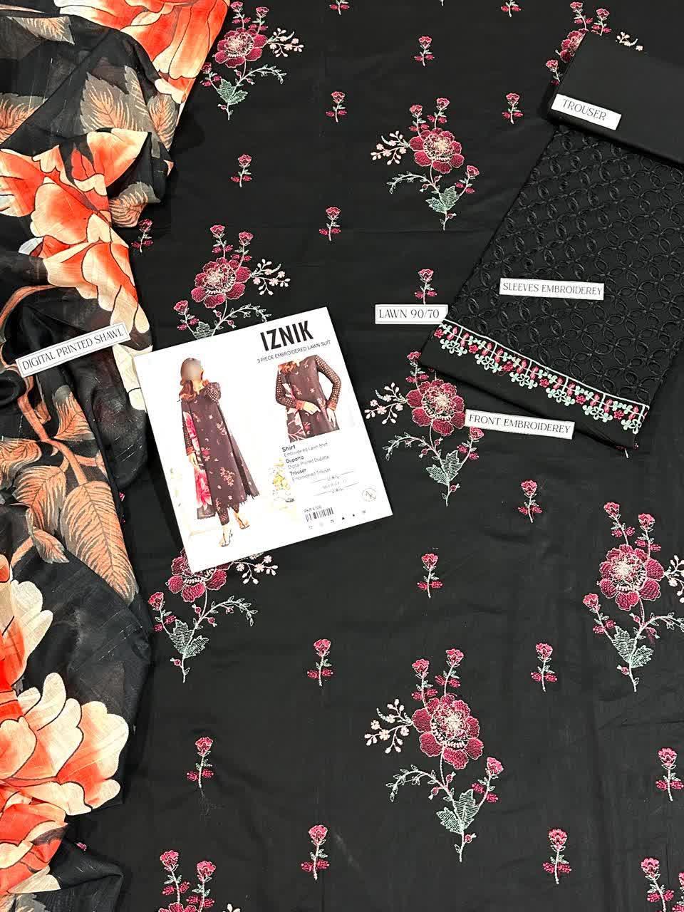 Black Chikankari Lawn 3Pcs Suit with Floral Dupatta