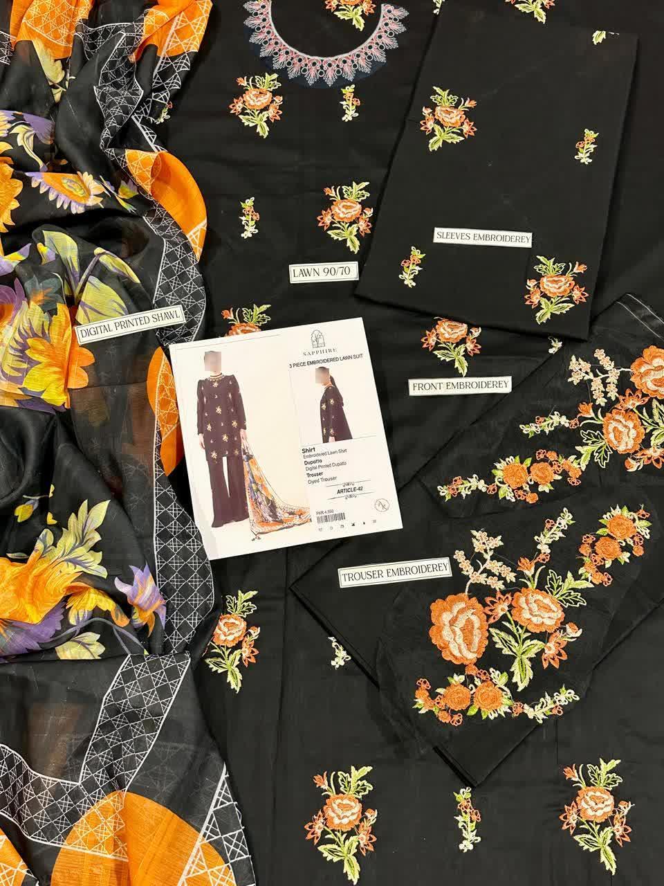 Black Embroidered 3 Pcs Women Suit with Printed Dupatta