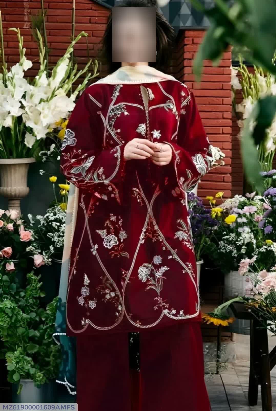 Maroon Embroidered Women's 3 Pcs Suit Set