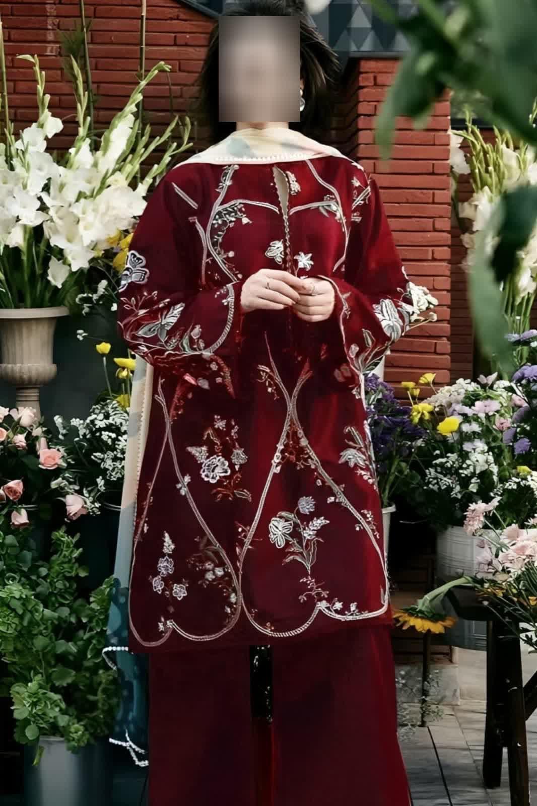 Maroon Embroidered Women's 3 Pcs Suit Set