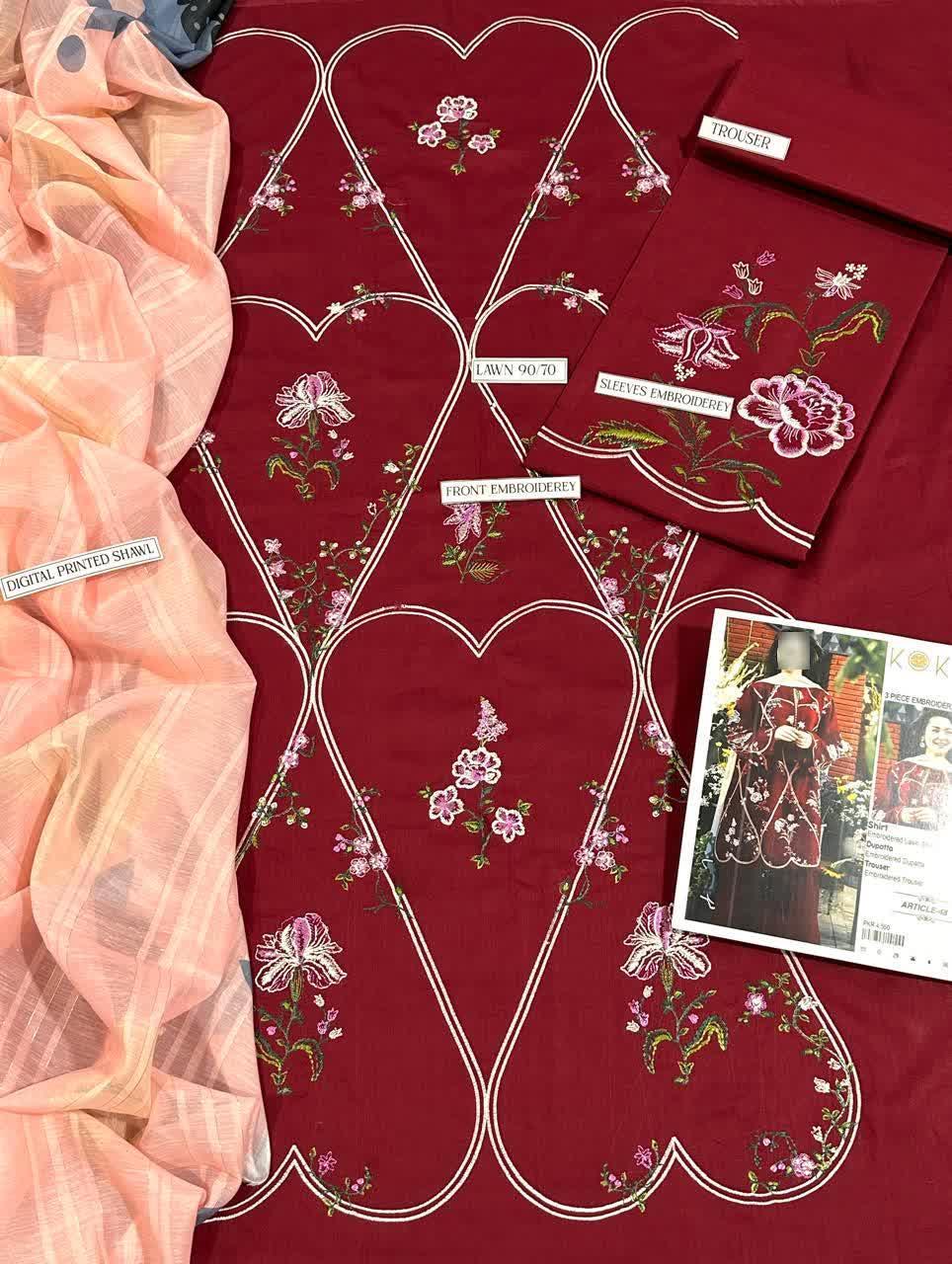 Maroon Embroidered Women's 3 Pcs Suit Set