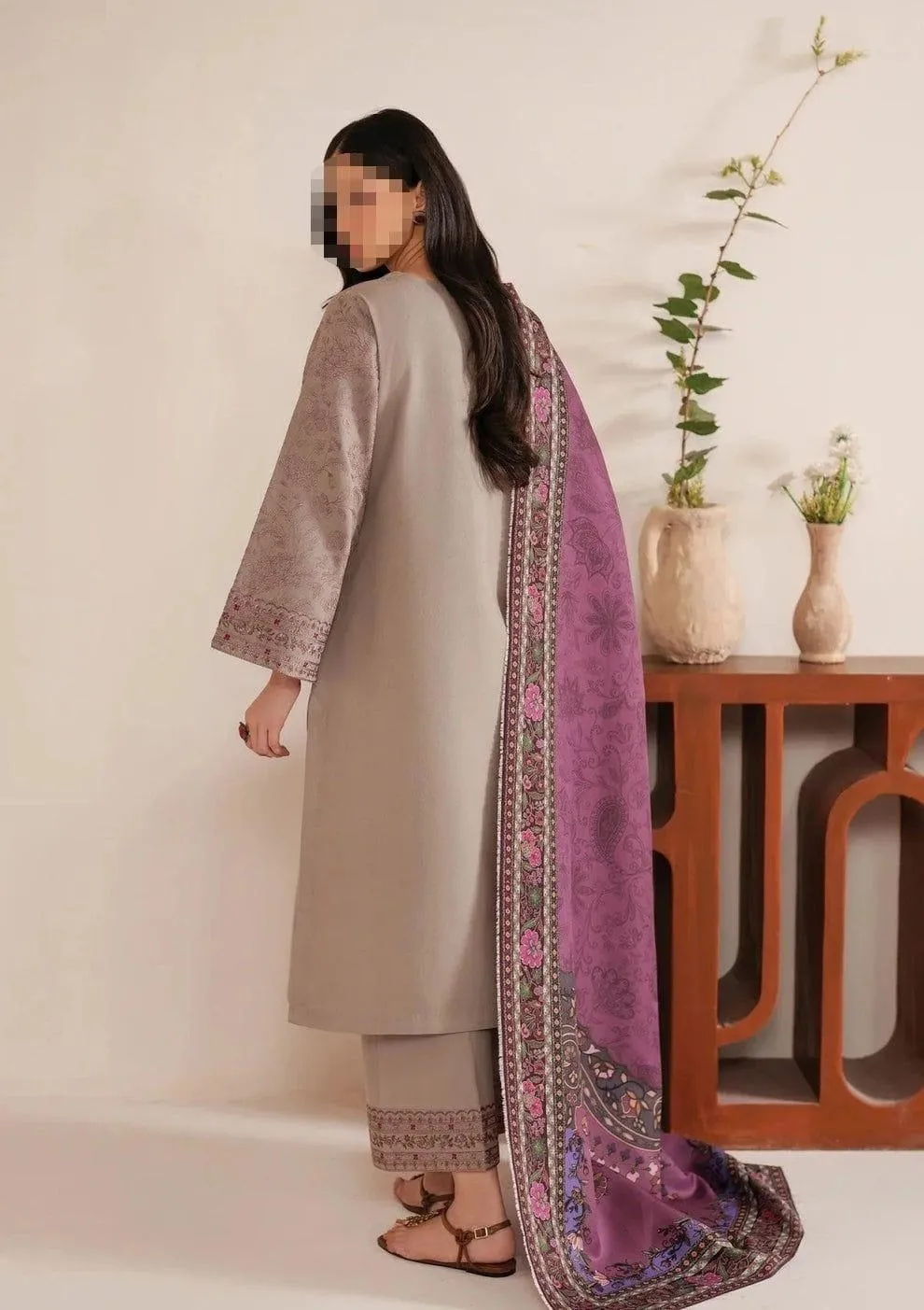 Beige Embroidered 3 Pcs Women Suit with Pashmina Dupatta