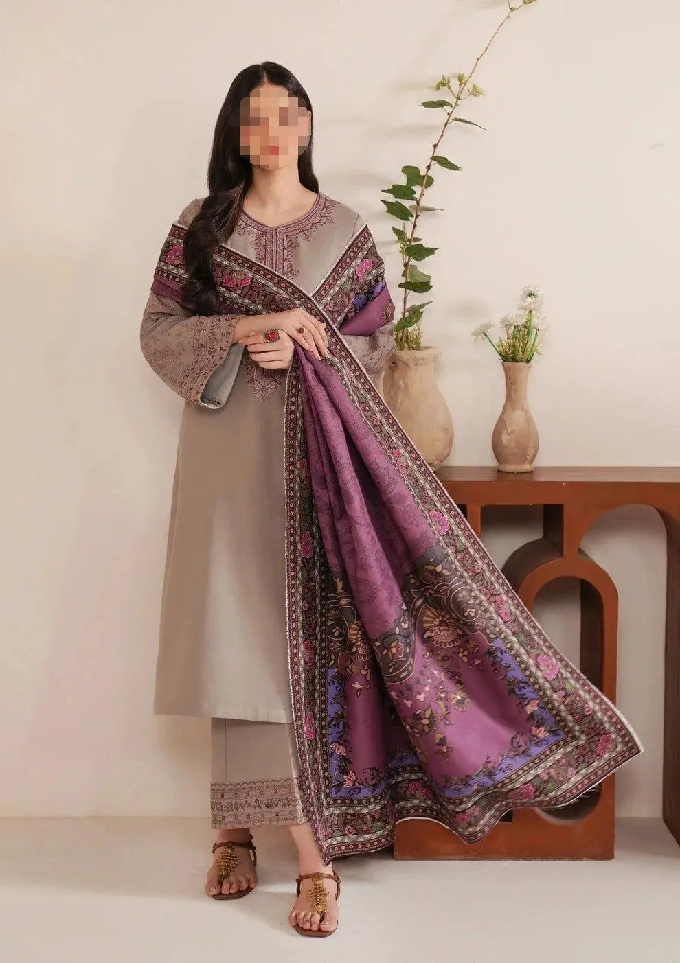 Beige Embroidered 3 Pcs Women Suit with Pashmina Dupatta