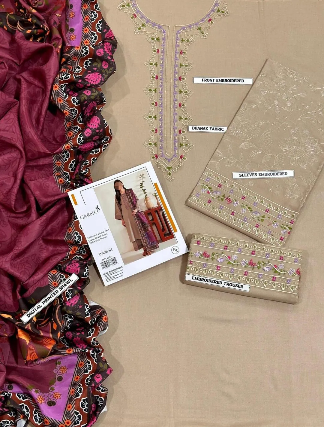 Beige Embroidered 3 Pcs Women Suit with Pashmina Dupatta