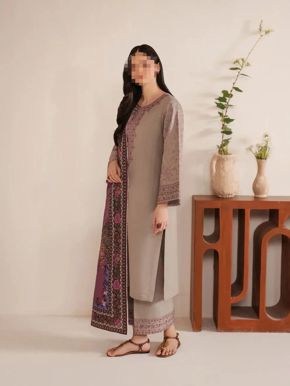 Beige Embroidered 3 Pcs Women Suit with Pashmina Dupatta