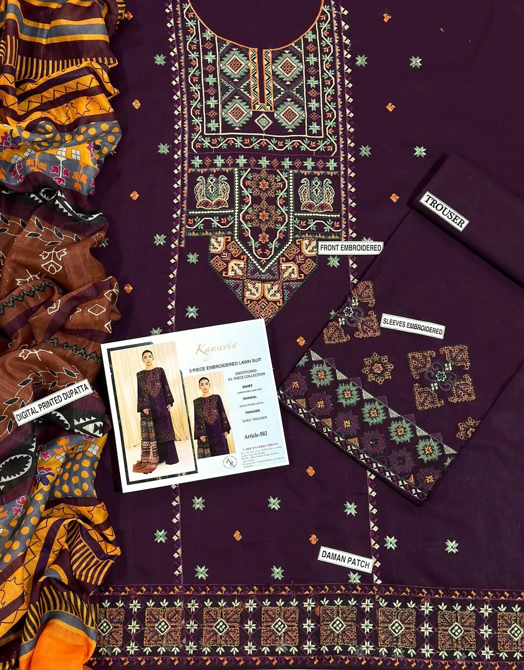 Purple Embroidered 3-Piece Lawn Suit for Eid & Weddings