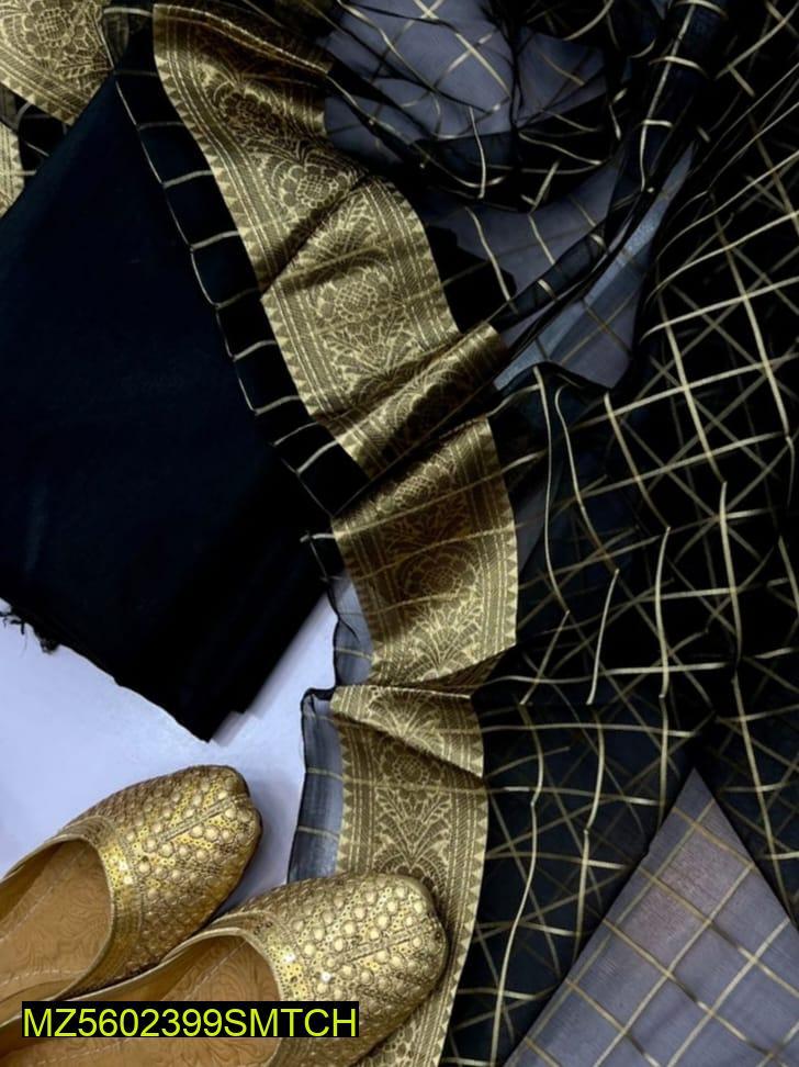 3 Pcs Women's Unstitched Fancy Katan Silk Plain Suit