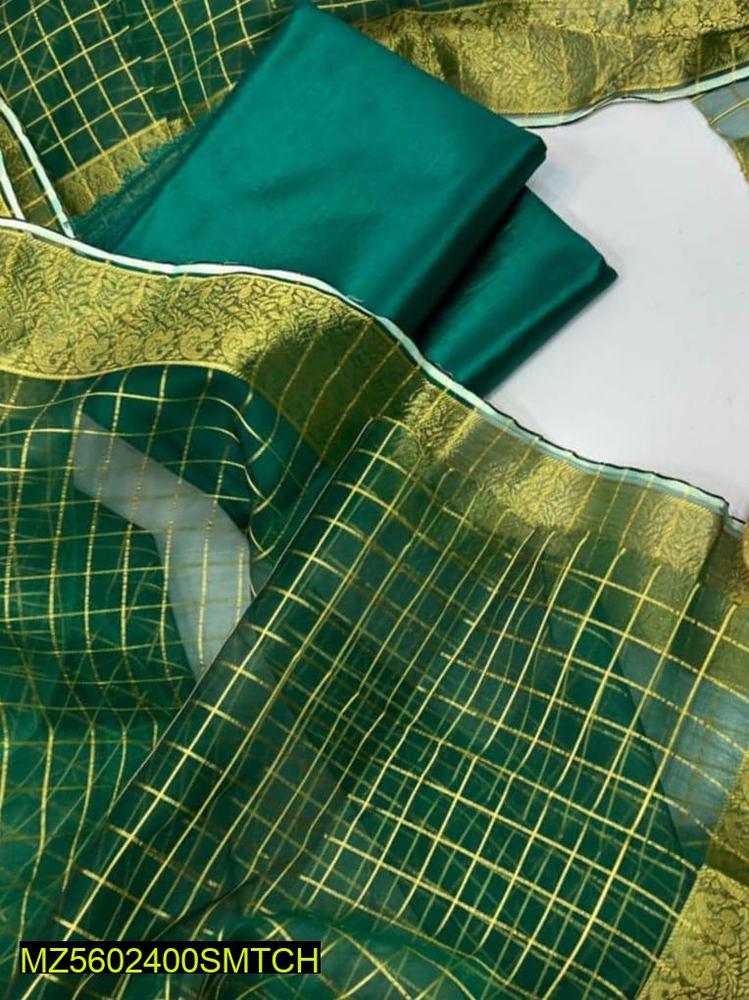 3 Pcs Women's Unstitched Fancy Katan Silk Plain Suit