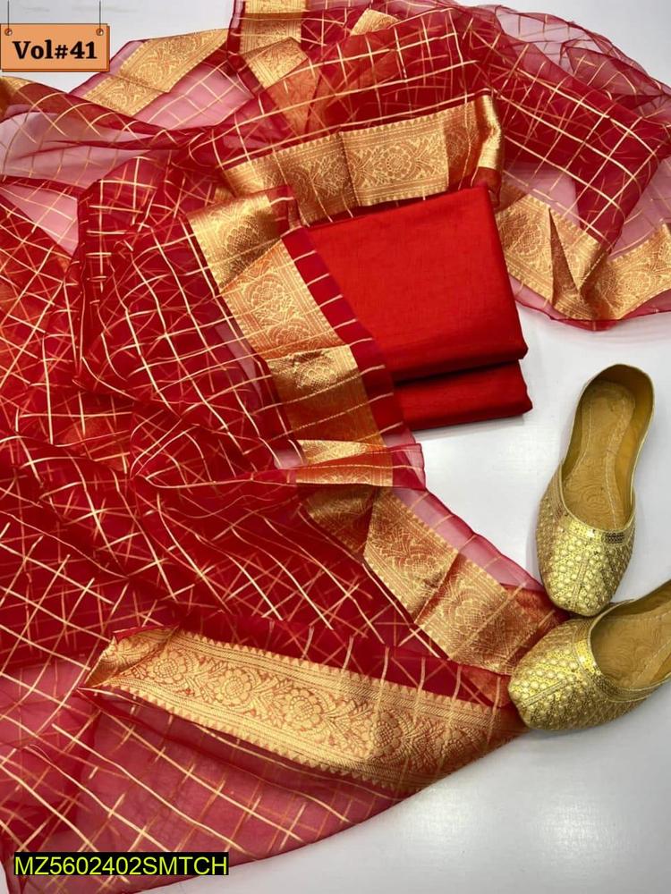 3 Pcs Women's Unstitched Fancy Katan Silk Plain Suit