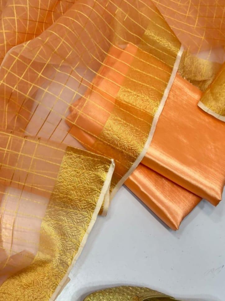 3 Pcs Women's Unstitched Fancy Katan Silk Plain Suit