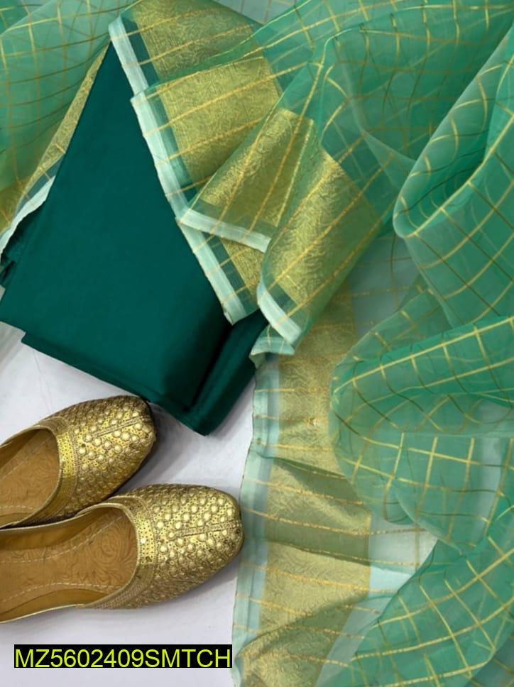 3 Pcs Women's Unstitched Fancy Katan Silk Plain Suit