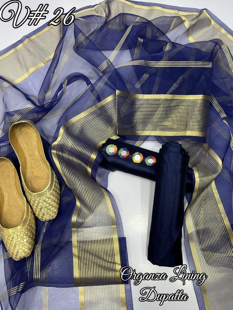 3 Pcs Women's Unstitched Katan Silk Plain Suit