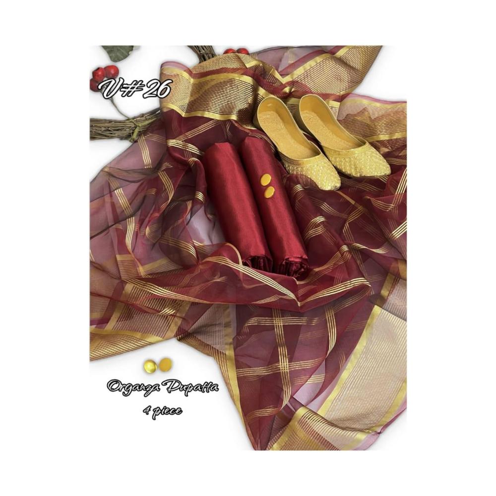 3 Pcs Women's Unstitched Katan Silk Plain Suit