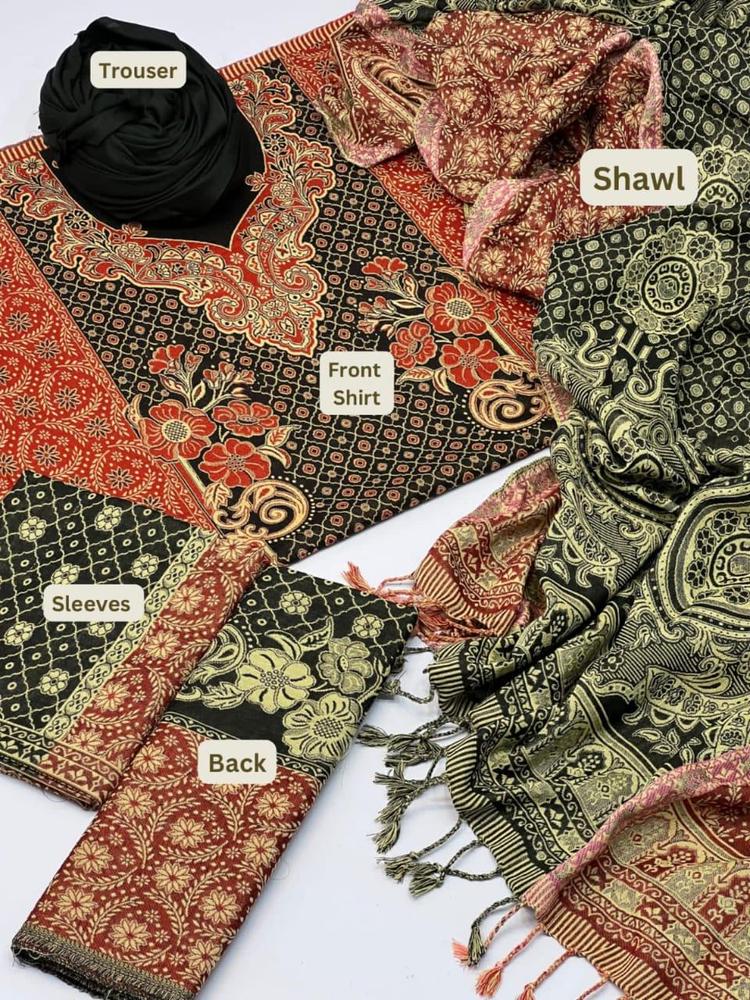 3 Pcs Women's Unstitched Wool Printed Suit