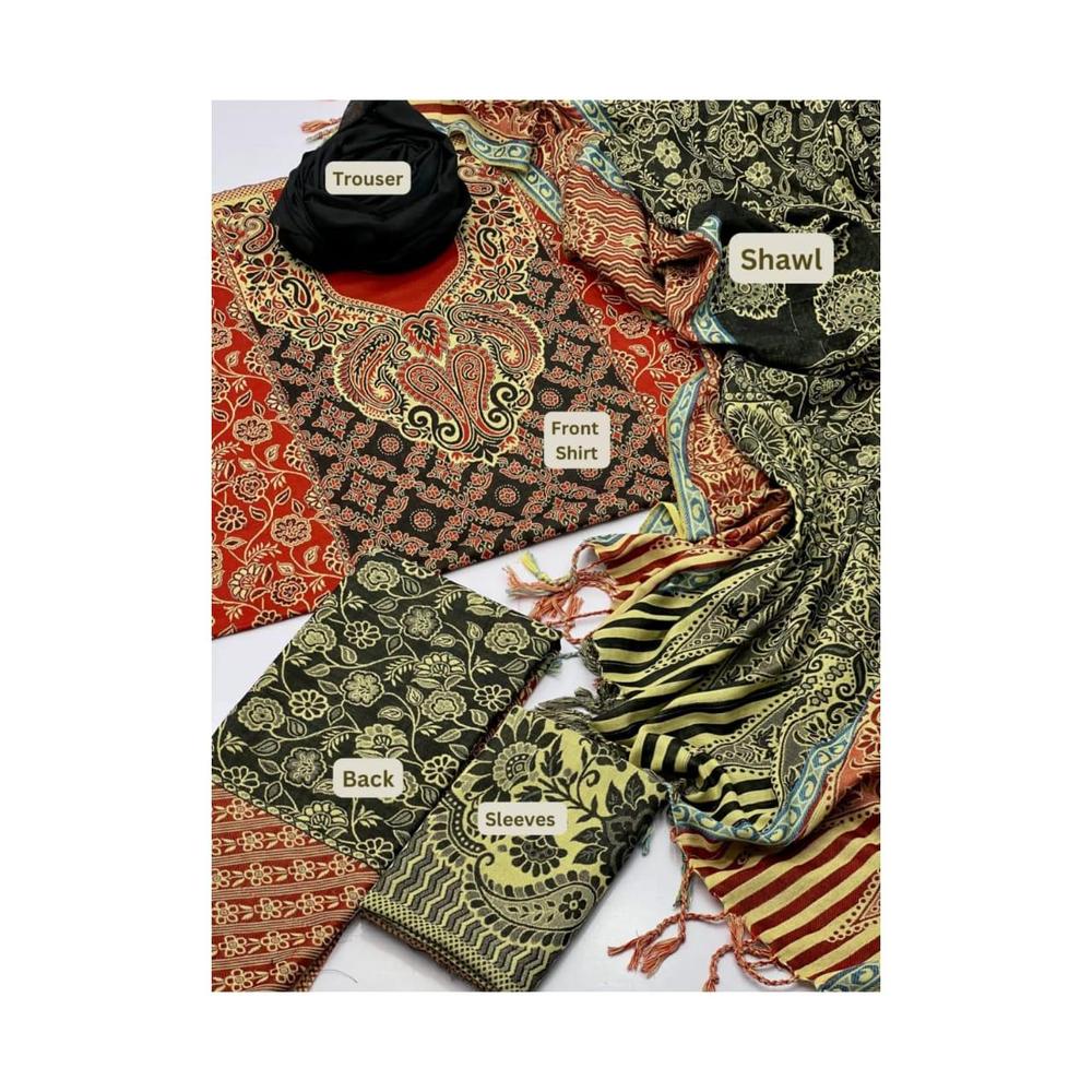 3 Pcs Women's Unstitched Wool Printed Suit