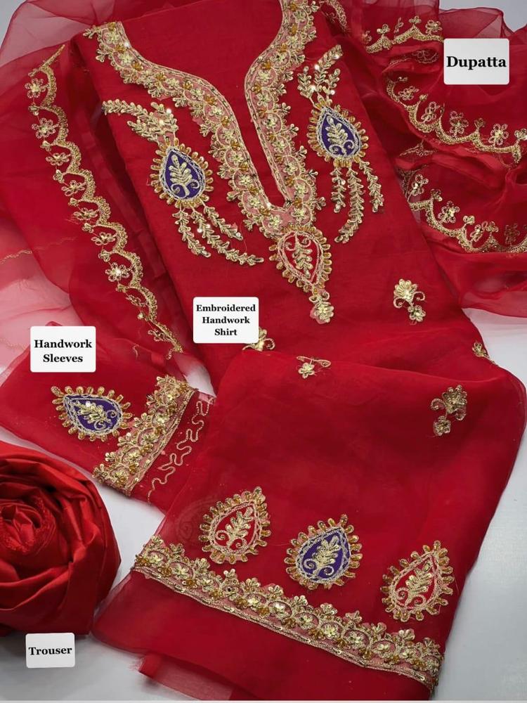 3 Pcs Women's Unstitched Organza Embroidered Suit