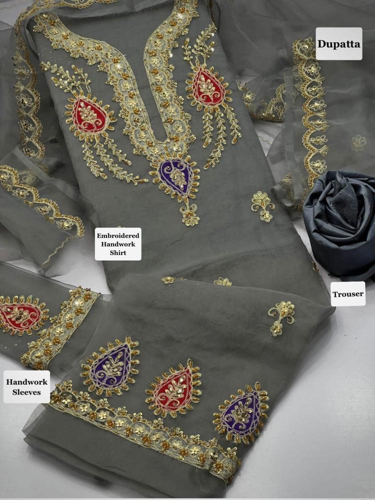 3 Pcs Women's Unstitched Organza Embroidered Suit