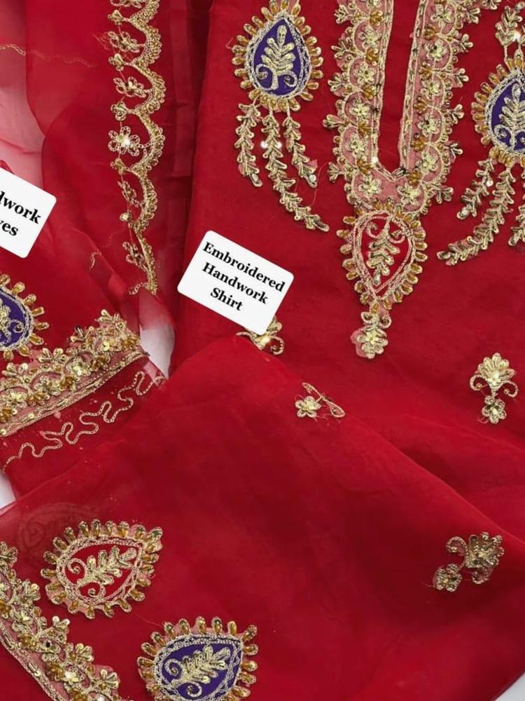 3 Pcs Women's Unstitched Organza Hand Embroidered Suit