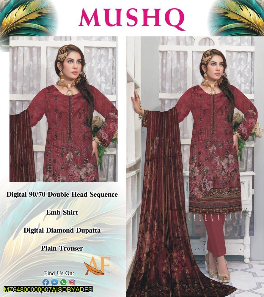 3 Pcs Women's Unstitched Lawn Printed Suit