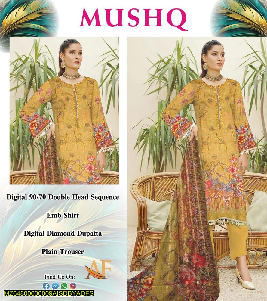 3 Pcs Women's Unstitched Lawn Printed Suit