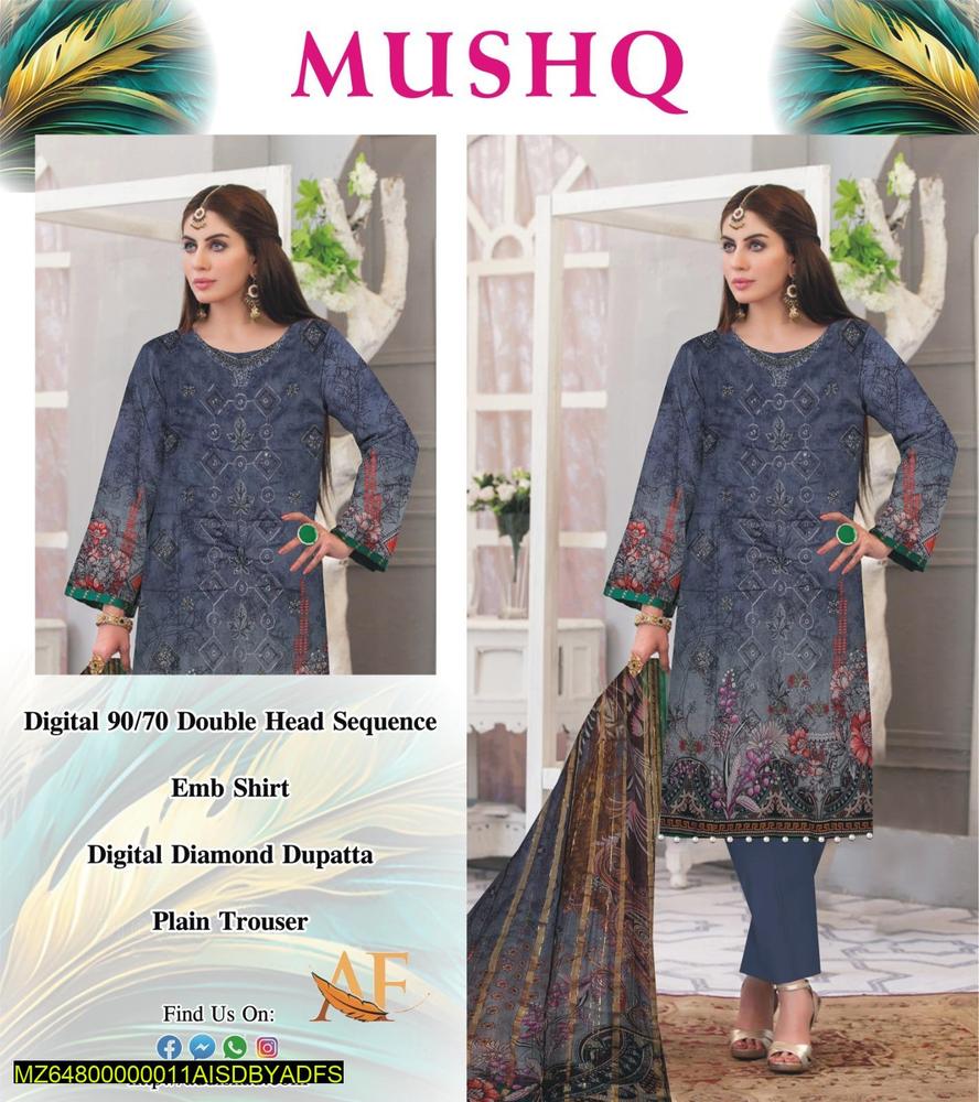 3 Pcs Women's Unstitched Lawn Printed Suit