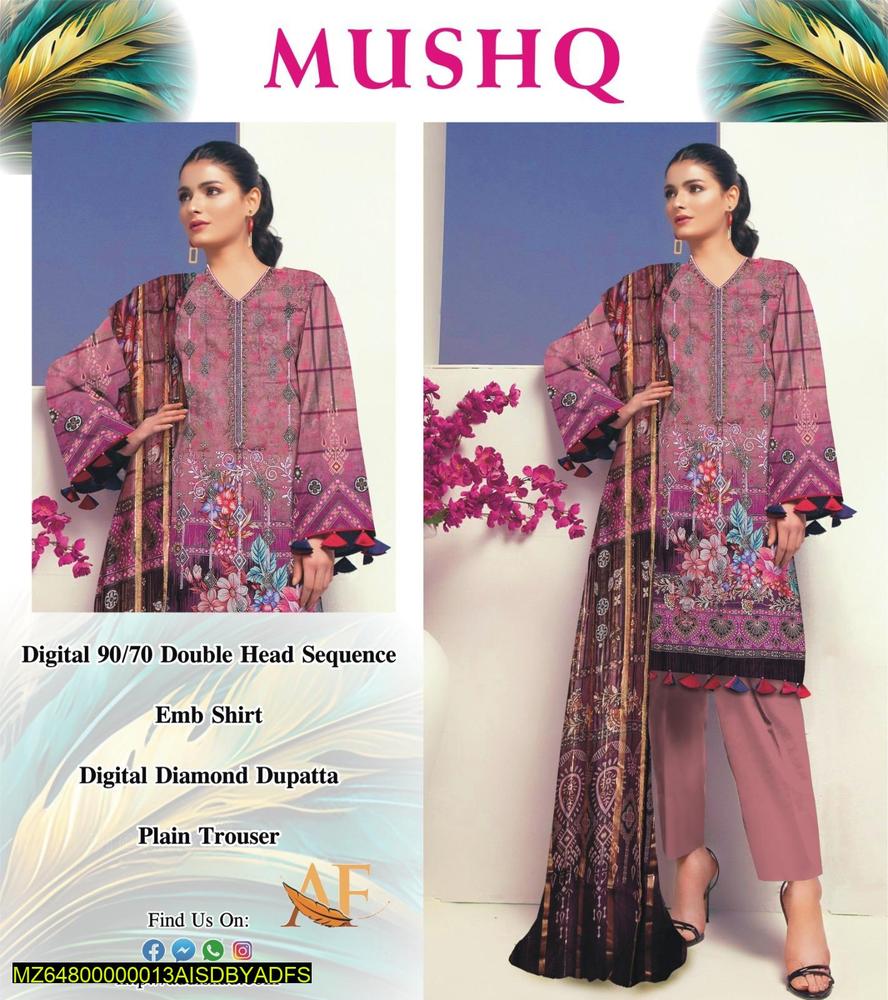 3 Pcs Women's Unstitched Lawn Printed Suit