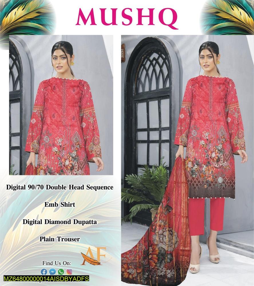 3 Pcs Women's Unstitched Lawn Printed Suit
