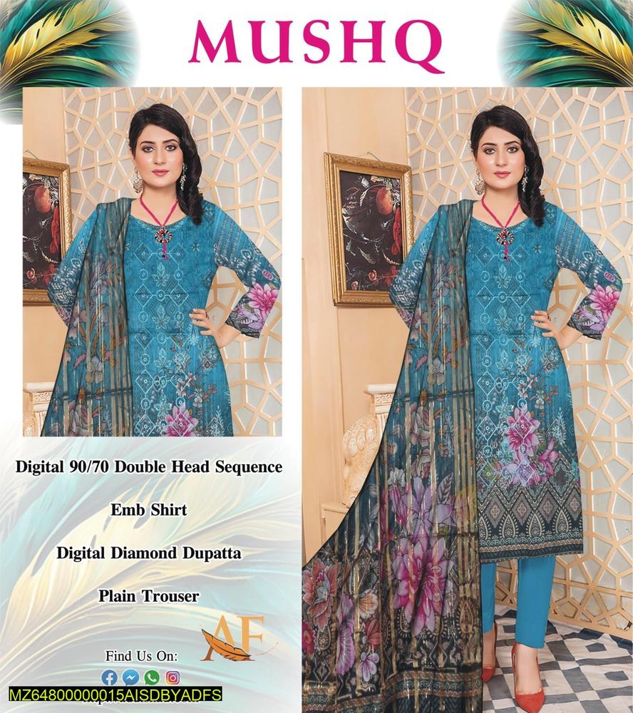 3 Pcs Women's Unstitched Lawn Printed Suit