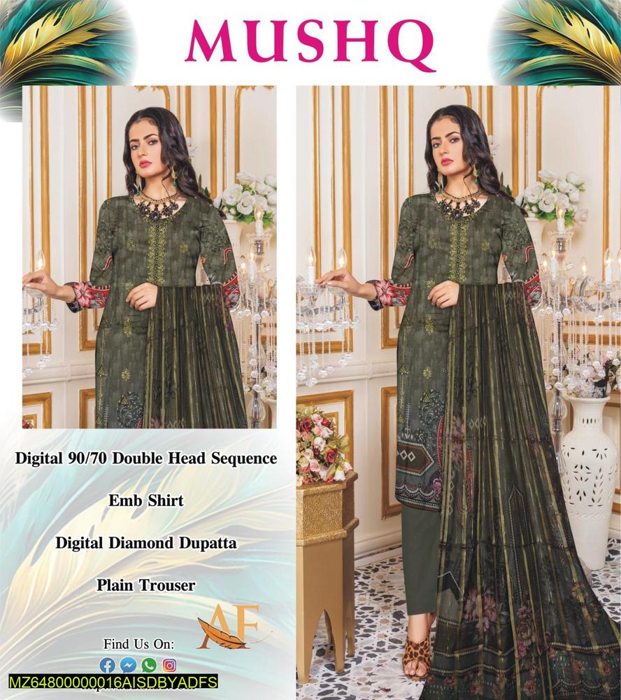 3 Pcs Women's Unstitched Lawn Printed Suit