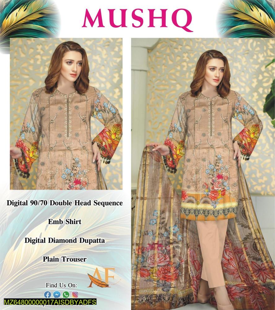 3 Pcs Women's Unstitched Lawn Printed Suit