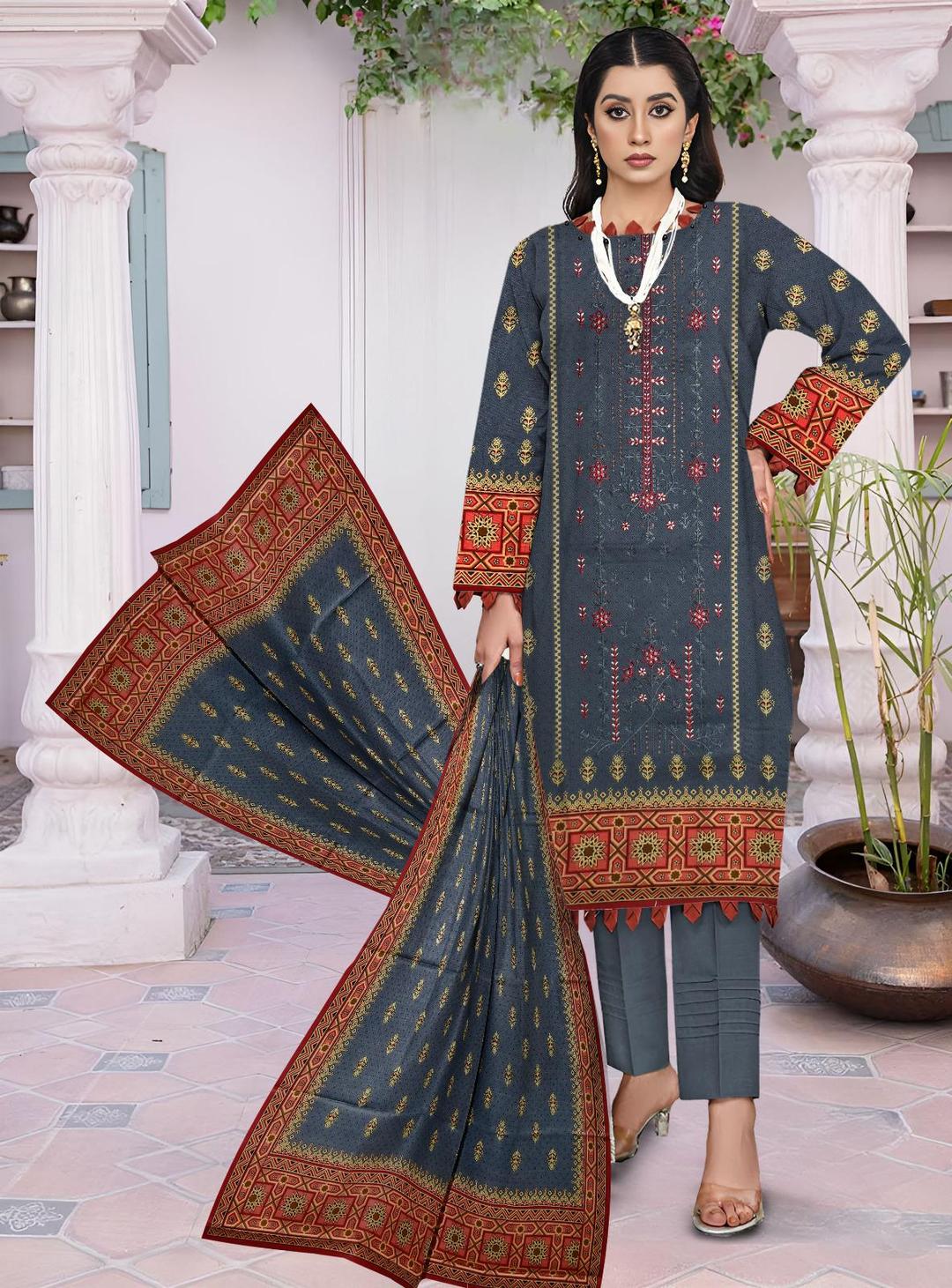 3 Pcs Women's Unstitched Khaddar Printed Suit
