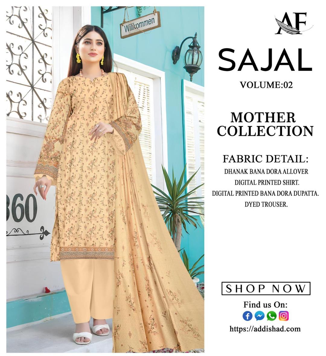 Stunning 3 Pcs Digital Print Suit in Beige - Elegant Dhanak Fabric