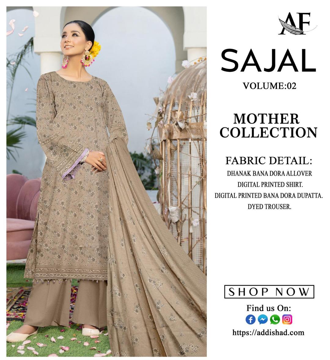 Stylish Digital Print Dhanak Suit Set - 3 Pcs Ensemble in Brown