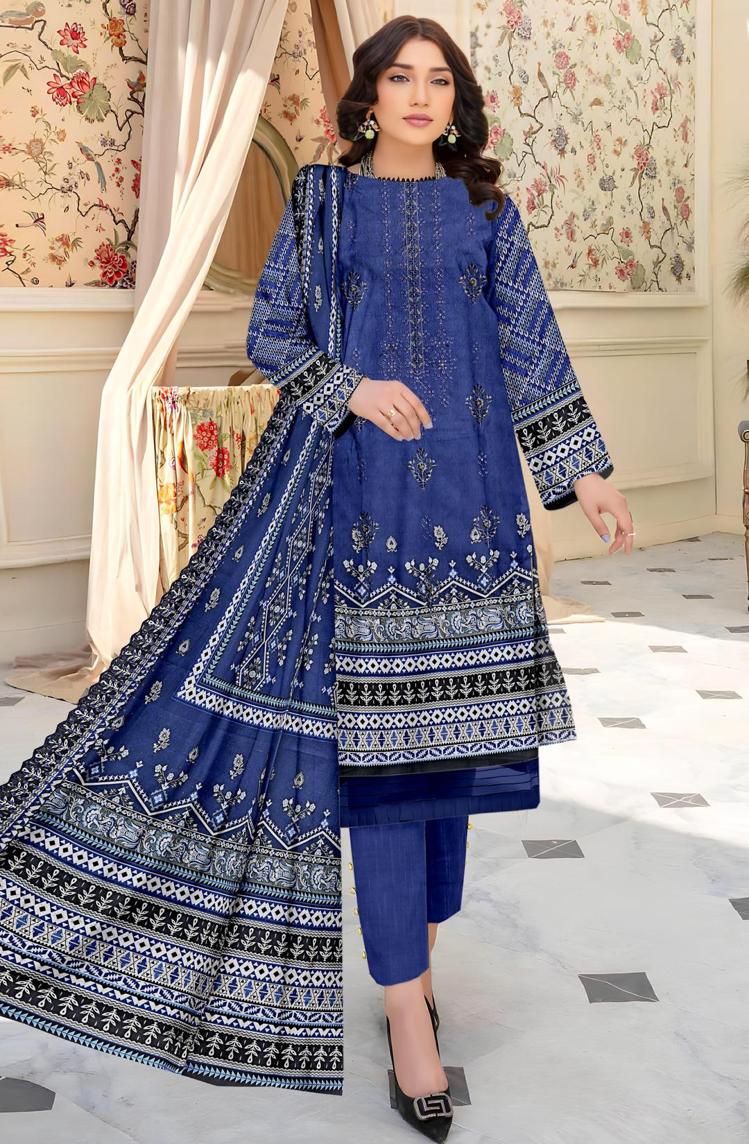 Elegant 3 Pcs Khaddar Suit Set with Embroidered Details in Blue