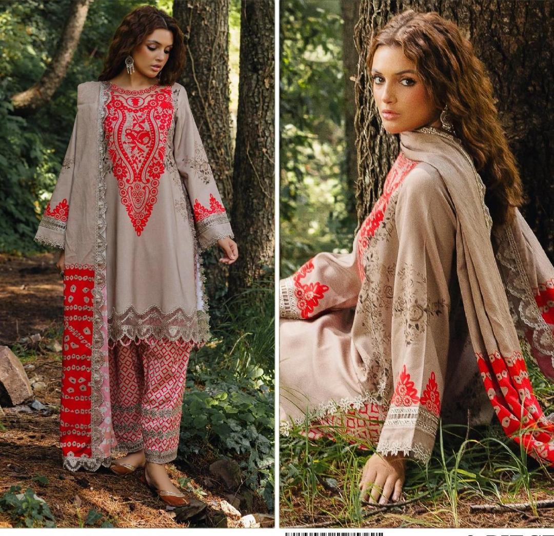 Elegant 3 Pcs Digital Print Viscose Suit Set in Beige