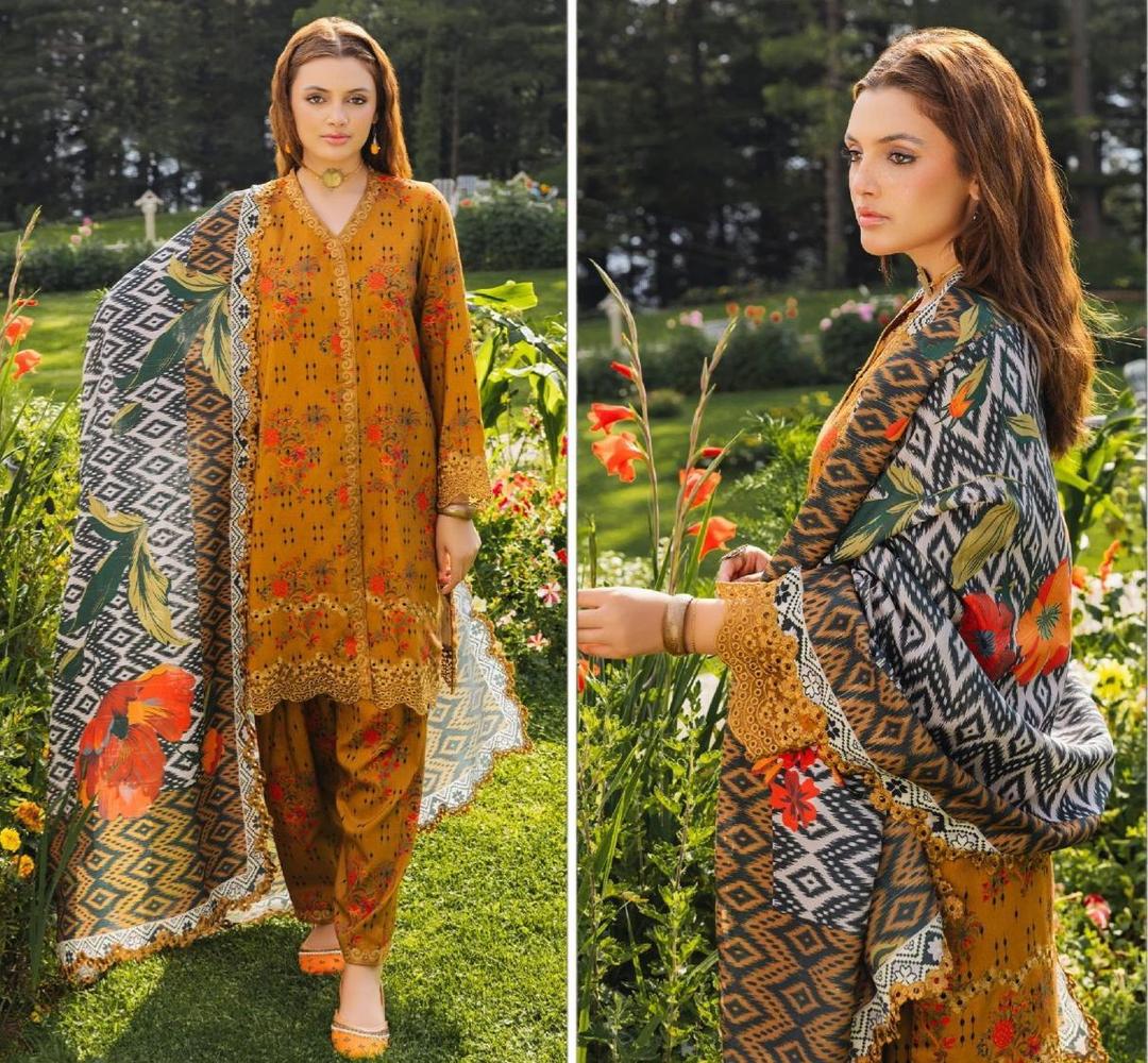 Mustard Viscose Printed Suit - 3 Pcs Ensemble with Digital Print and Block Printed Trouser