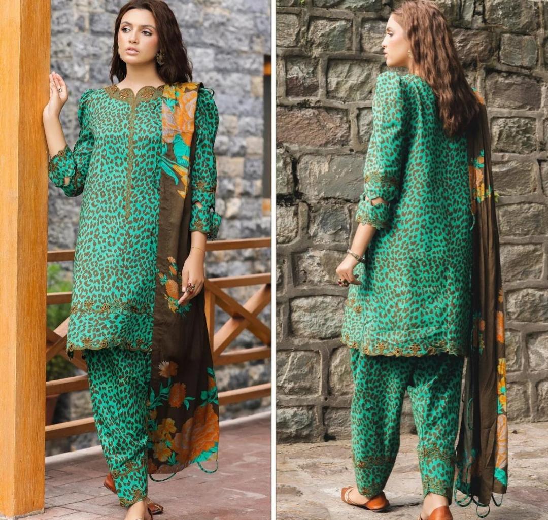 Stunning Green Printed Suit Set - 3 Pcs Viscose Ensemble