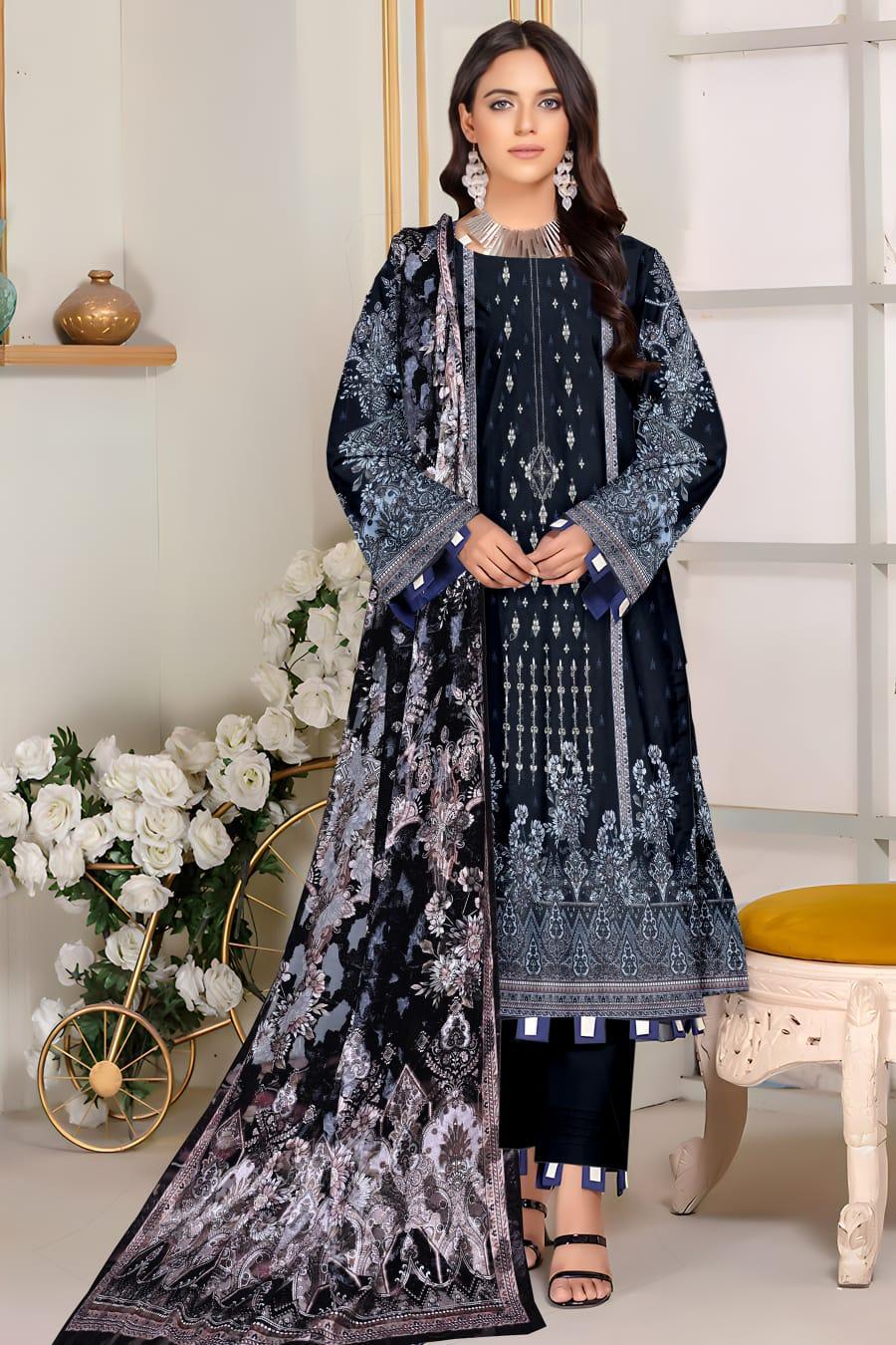Stylish 3 Pcs Black Lawn Suit with Digital Print and Embroidered Details