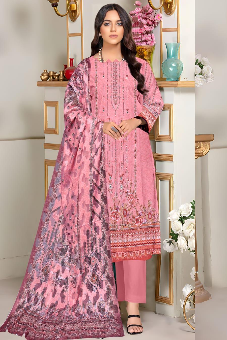 Peach Digital Print Suit - 3 Pcs with Embroidered Neckline and Sleeves