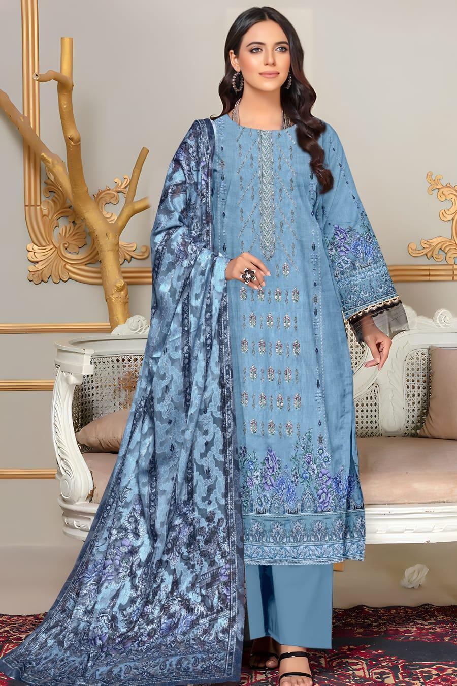 Blue Digital Printed Suit Set with Embroidered Details - 3 Pcs