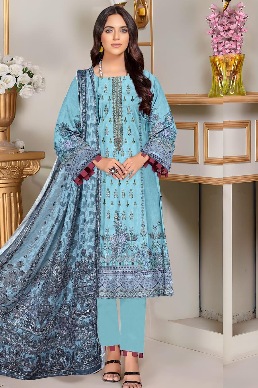 Beautiful Blue Embroidered Suit with Digital Print - 3 Pcs