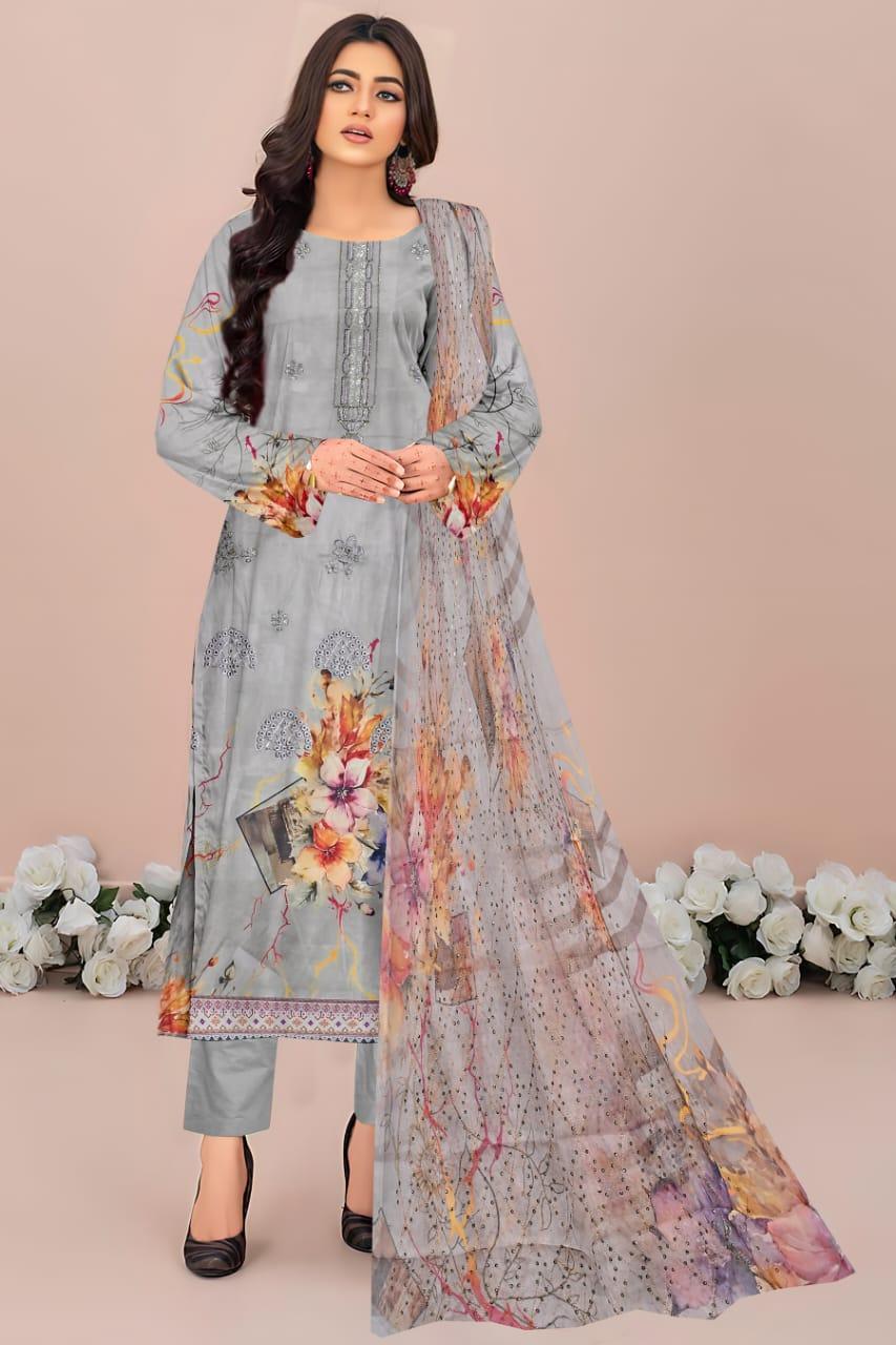 Stylish 3 Pcs Grey Lawn Suit with Digital Print and Embroidered Details